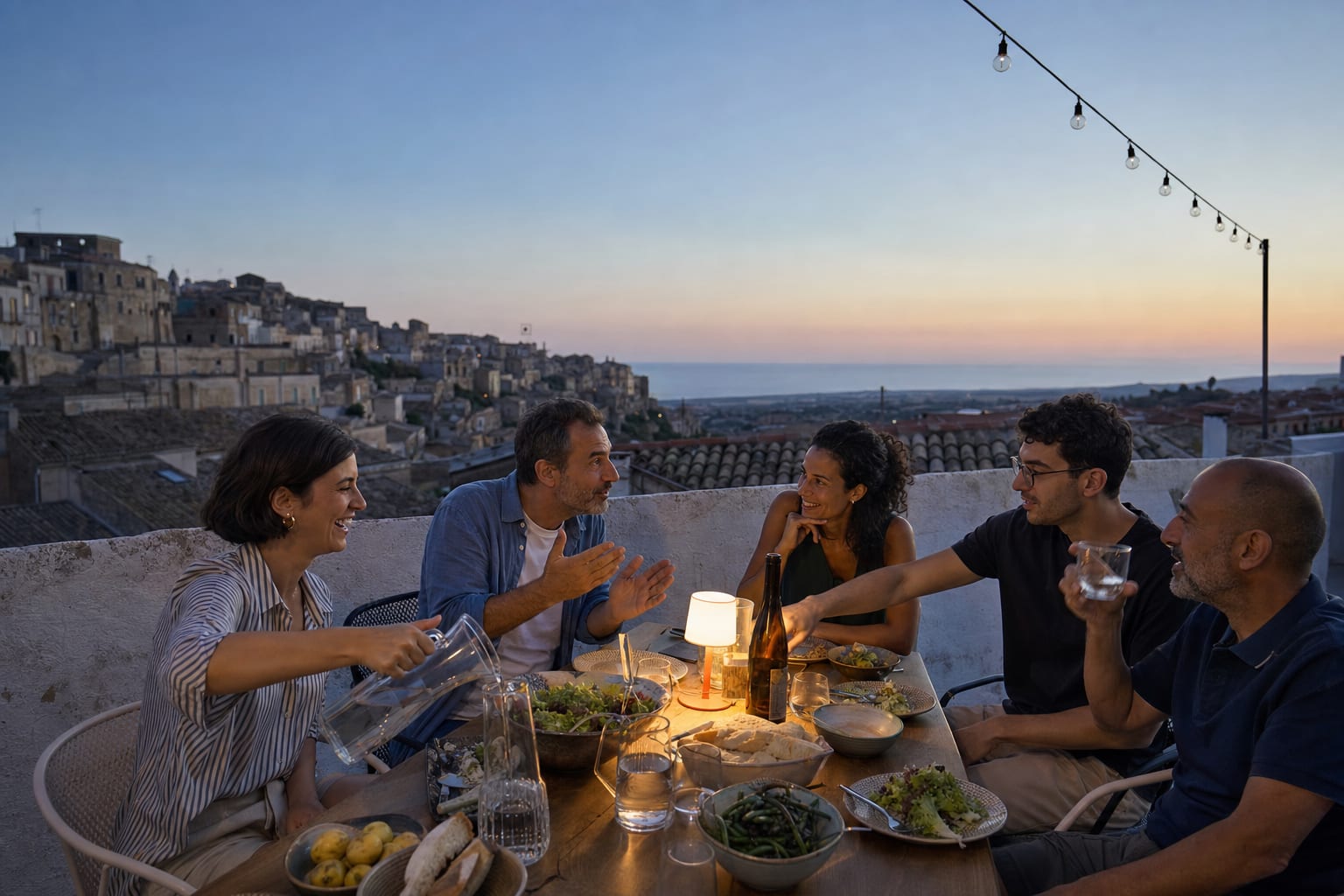 Une tablée d’amis sur un toit au crépuscule, village sicilien et mer en contrebas