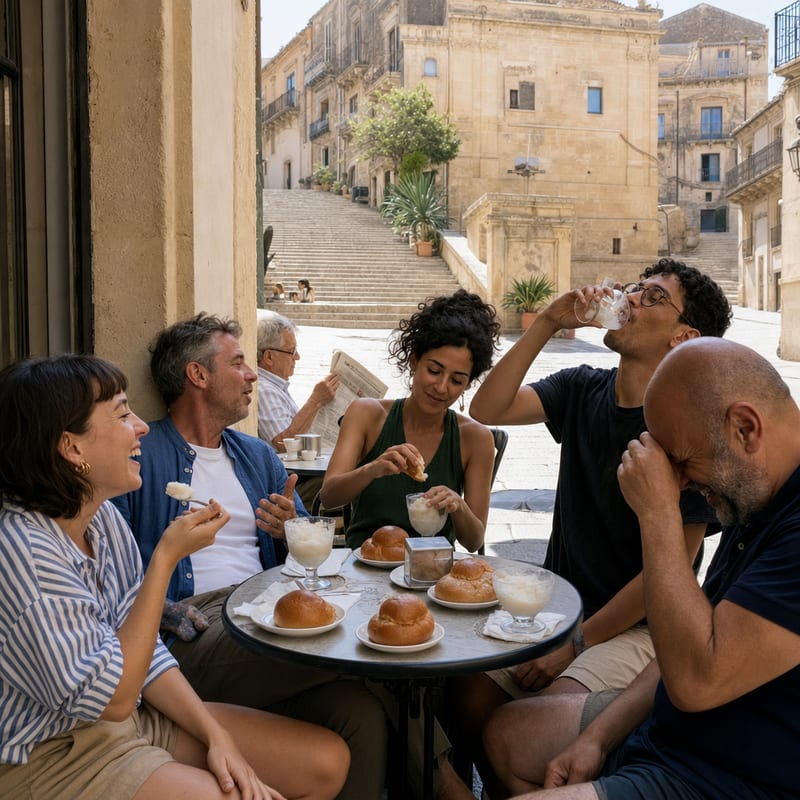 Les cinq amis serrés à la terrasse d’un café, granités à la main