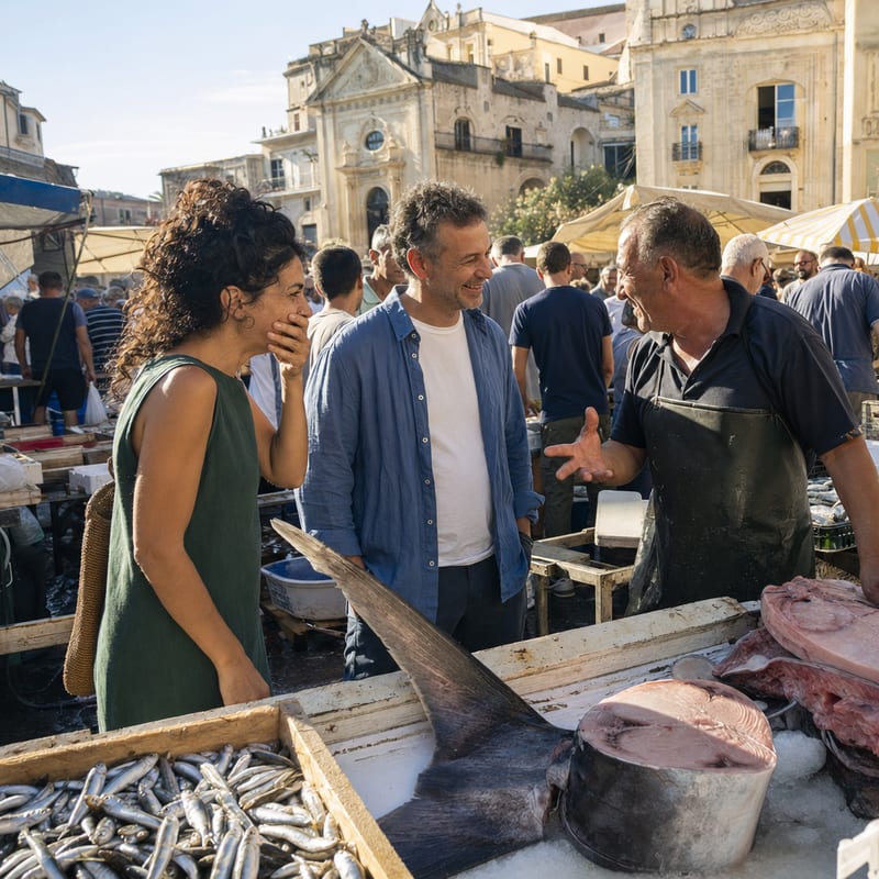 Deux amis rient avec un poissonnier au marché, à l’aube