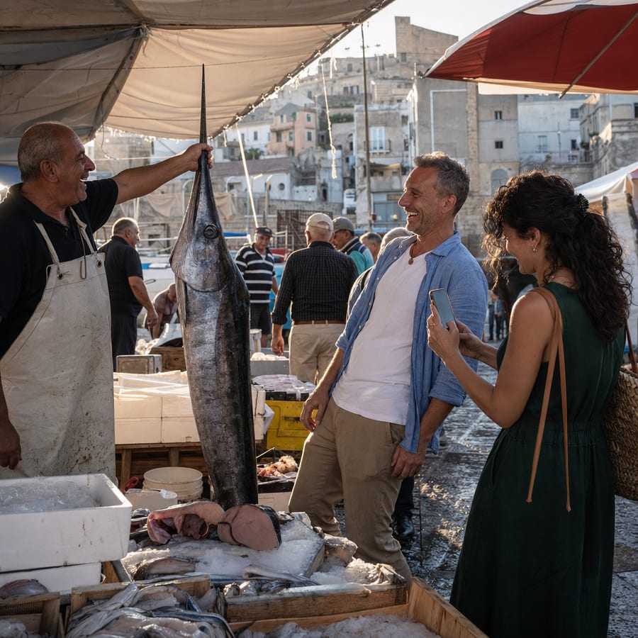 Le poissonnier brandit un espadon devant les amis qui rient