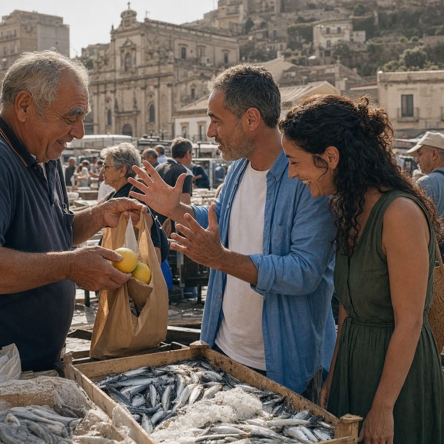 Le vendeur glisse des citrons dans le sac pendant que l’ami négocie en gesticulant