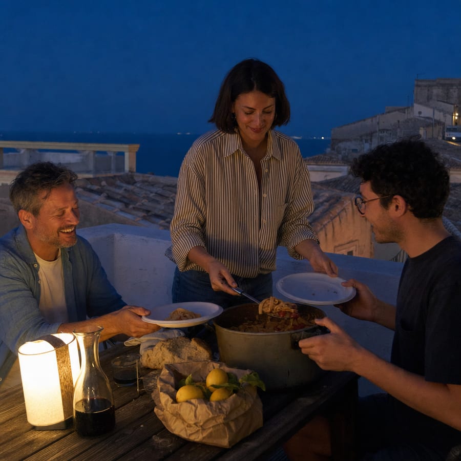 Les pâtes servies à même le plat sur le toit, mains et rires autour