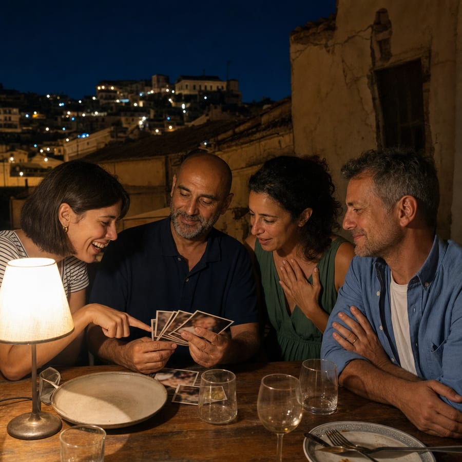 Un ami montre de vieilles photos à la bande penchée sous la lampe
