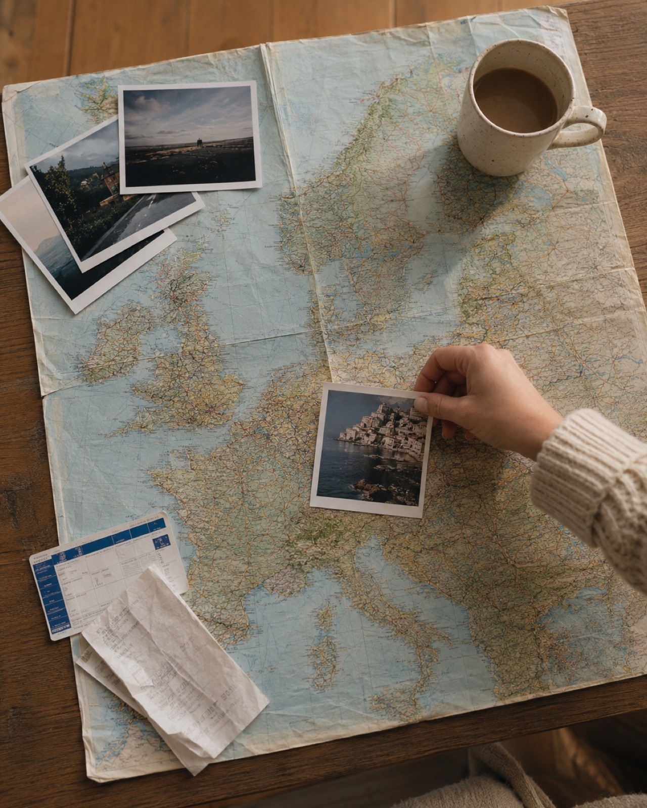 A map of Europe with travel memories placed on the visited locations